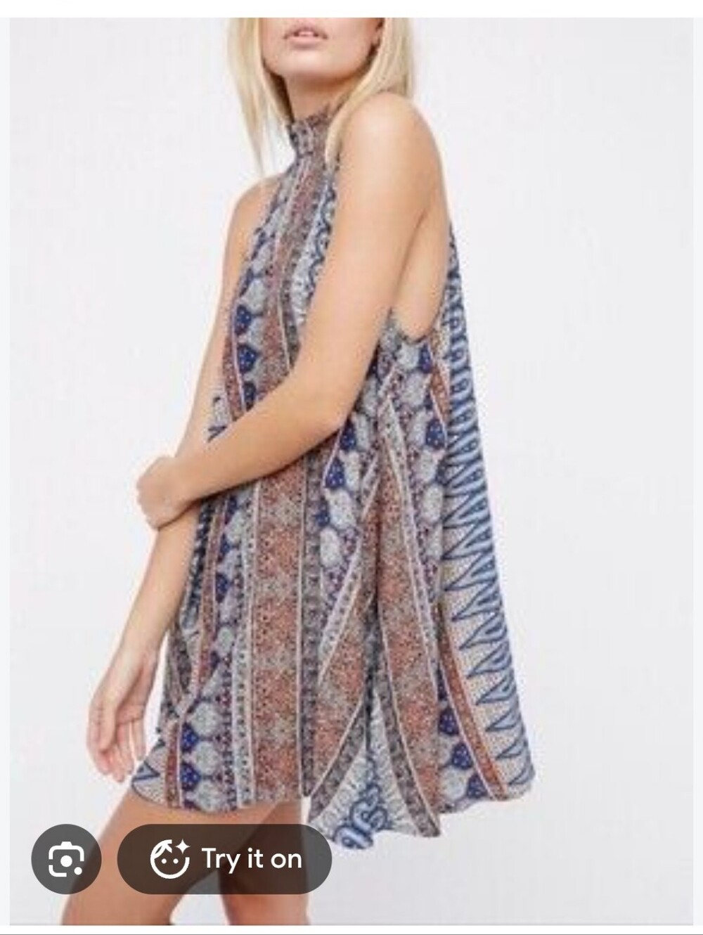 Free People Blue and Brown Printed Halter Mini Dress Size M